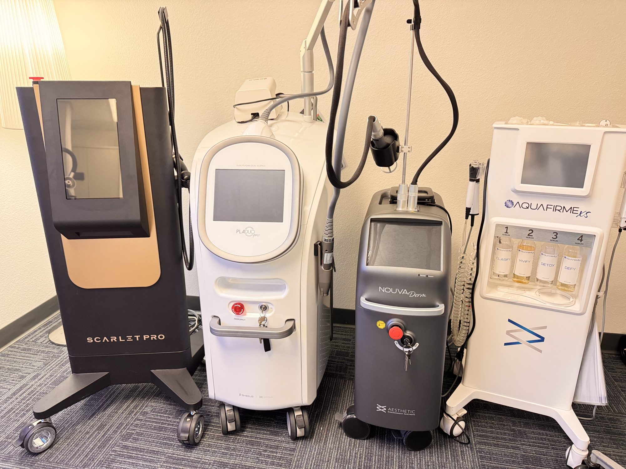 The four aesthetic platforms at Radiant Sun Medical: Scarlet Pro, PLADUOpro, NOUVADerm, and AquaFirme XS